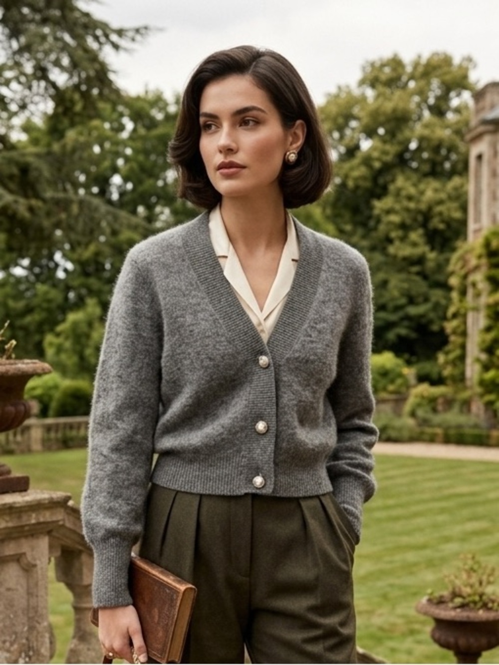 H&M Old Money Gray V-Neck Pearl-Button Cardigan Quiet Luxury Twee